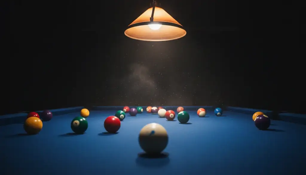Pool balls spread across blue cloth after a break under a single amber lamp